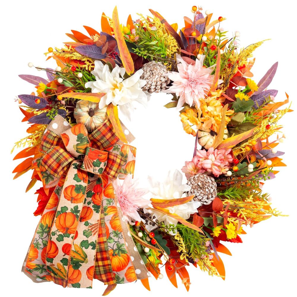 24" Fall Wreath Front Door - Autumn Harvest - Pumpkins Dahlias Pinecones & Bow